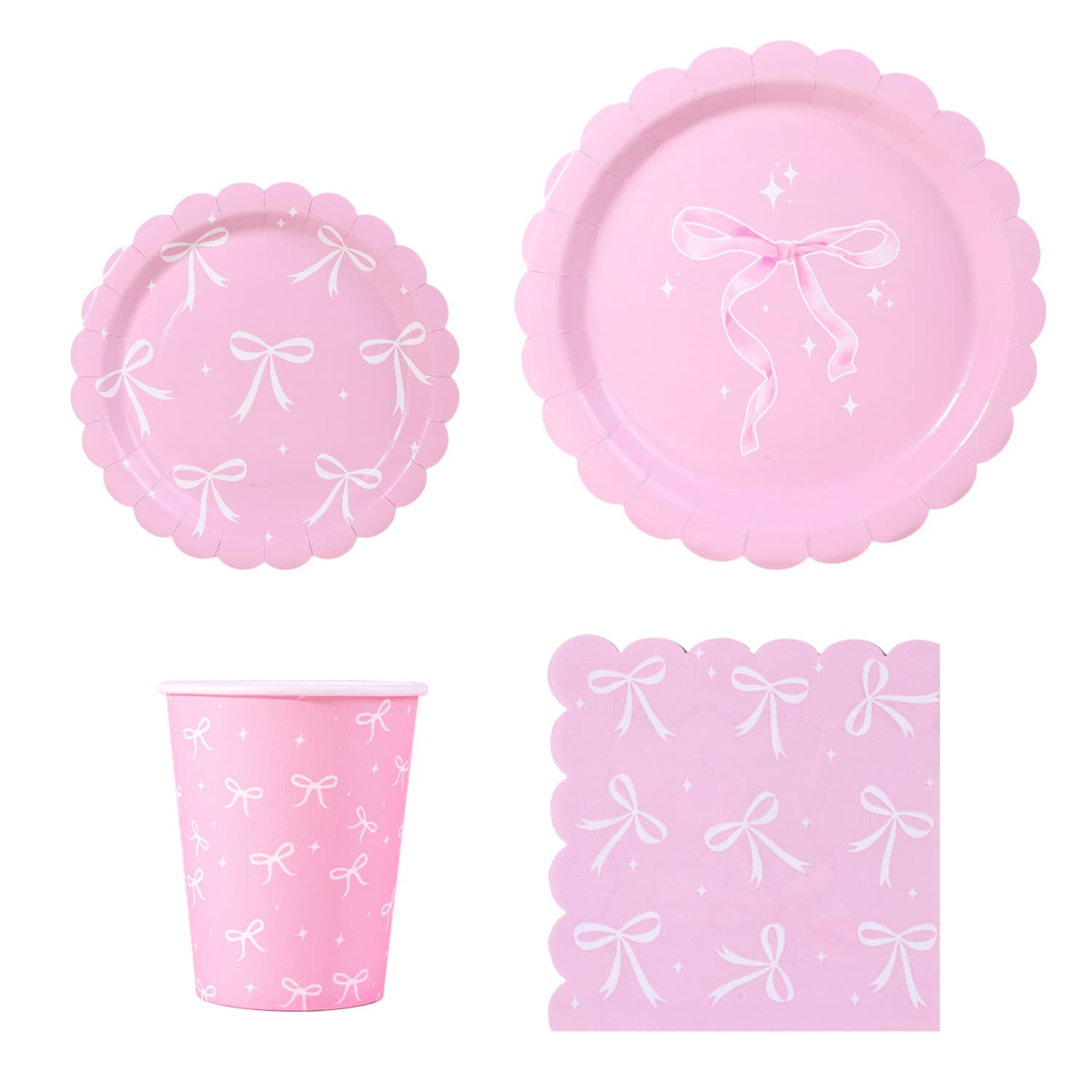 Cross-border pink bow printed tableware set disposable varnish food grade paper plates paper cups napkins