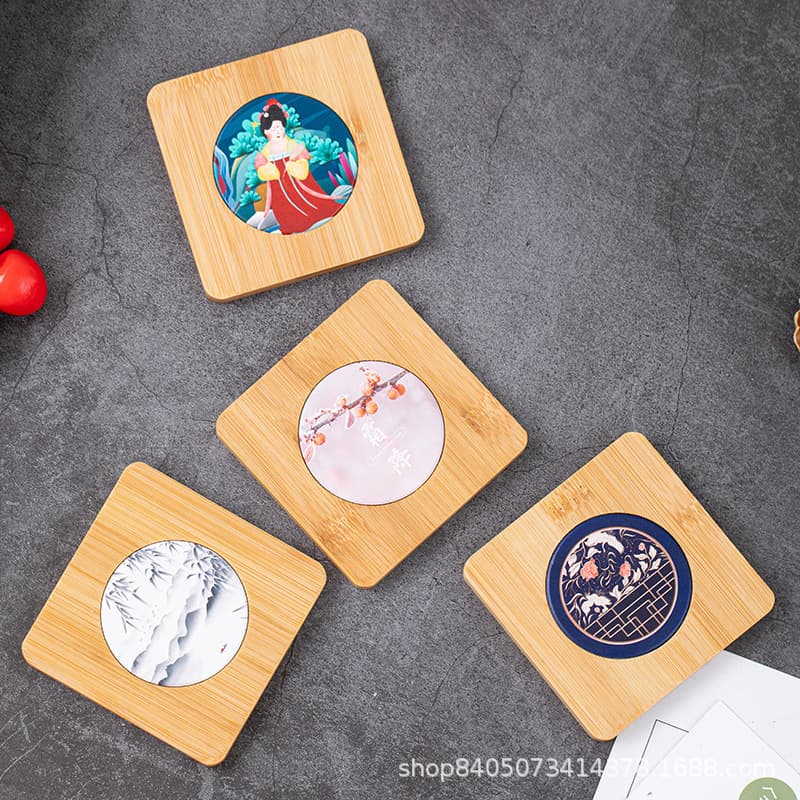 Chinese Bamboo Ceramic Coaster Heat Insulation Pad Travel Pattern Decoration Logo Tea Set Accessory Customizable with Your Image