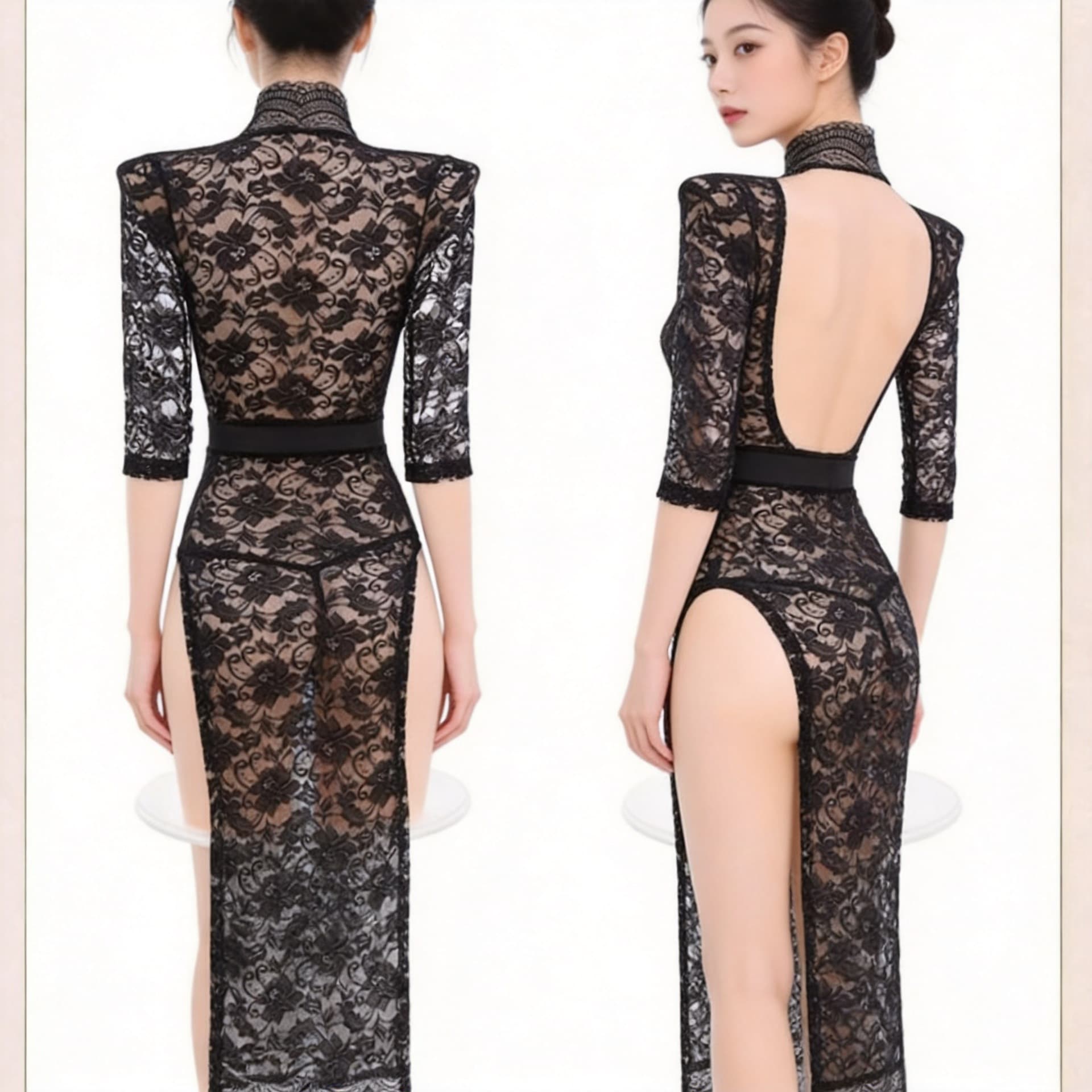 Sexy Lingerie Sleep Dress Hollow Cheongsam Set Lace See-Through Flirting Pajamas Small Bust Bodysuit qqny