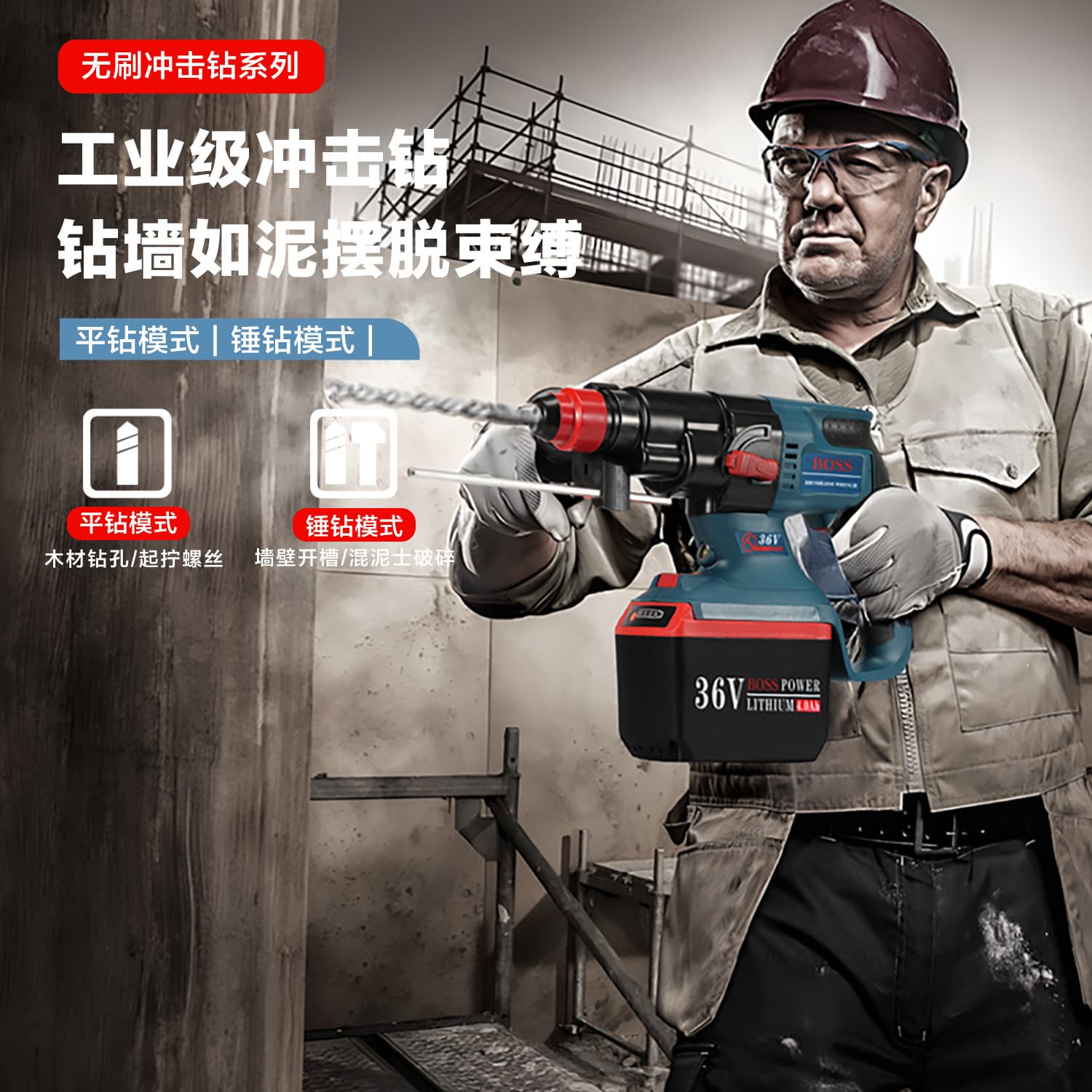 BOSS 36V high-power brushless rechargeable lithium electric hammer electric pick impact drill concrete industrial electric drill