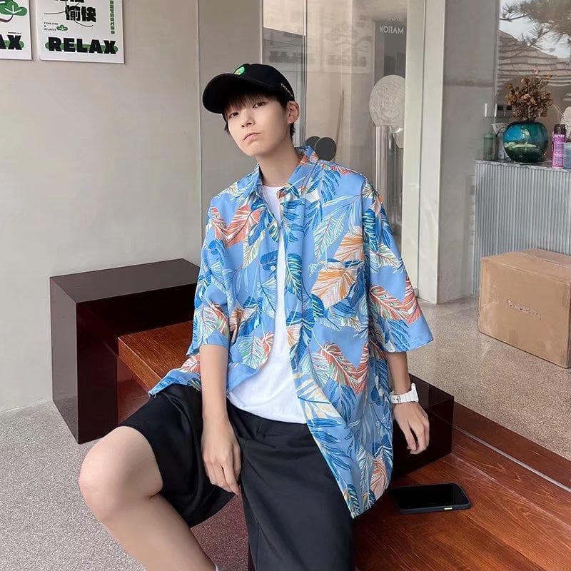Floral Print Short Sleeve Shirt for Men, Summer Casual Wear, Japanese Seaside Beach Top, Thin Fabric, Hong Kong Style Trendy Half-Sleeve Shirt