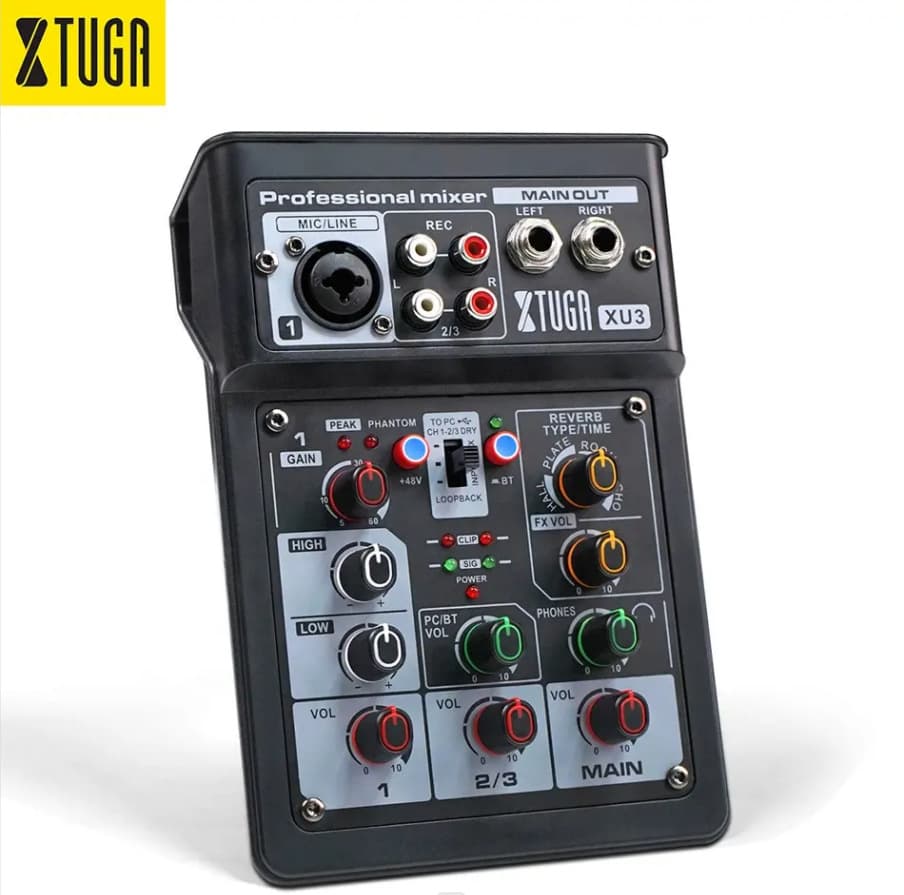 XTUGA Professional 3-Way Mixer with Reverb Bluetooth Playback Multi-Channel Mixer Equalization Console XU3
