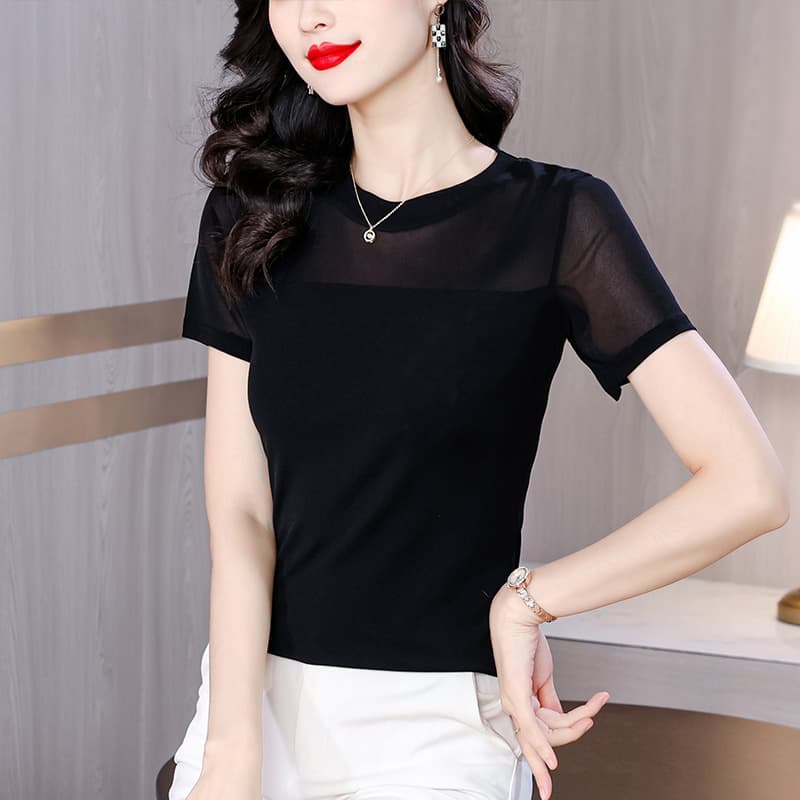 Black Crewneck Mesh Top Women's Short-sleeved Summer New Arrival Slim-fit Slimming T-shirt for Mom Temperament Small Shirt plus size