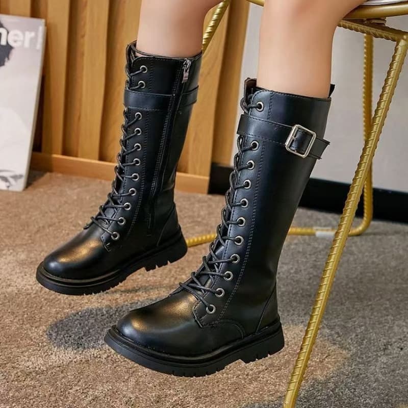 2026 Autumn and Winter Girls' Tall Martin Boots with Strap Buckle Side Zipper Thick Sole British Style Children's Boots