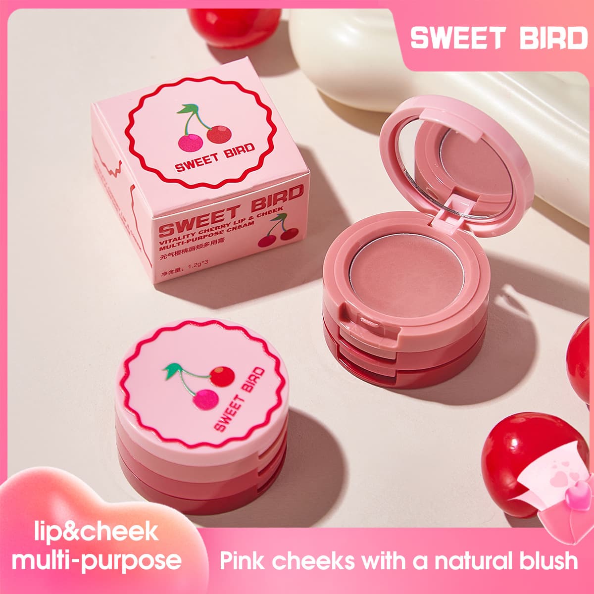 Cross-border exclusive Sweet bird lip and cheek dual-use palette for students matte natural blush lipstick three-color combination makeup