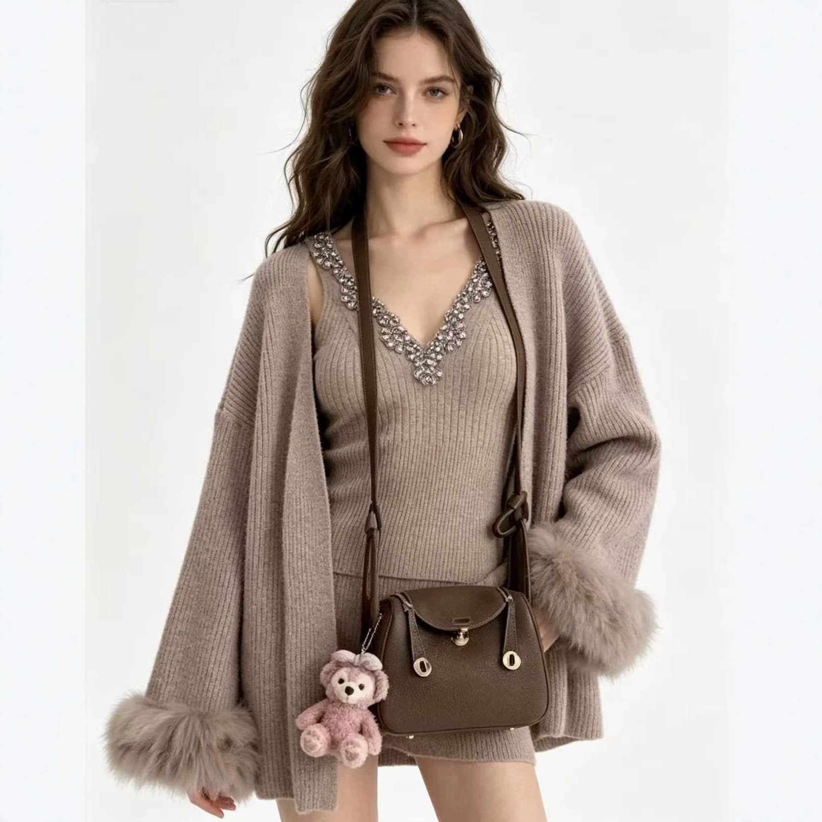 French Chic Pure Elegance Heavy Rhinestone V-Neck Slimming Camisole + Loose Relaxed Versatile Knit Cardigan Two-Piece Set for Women