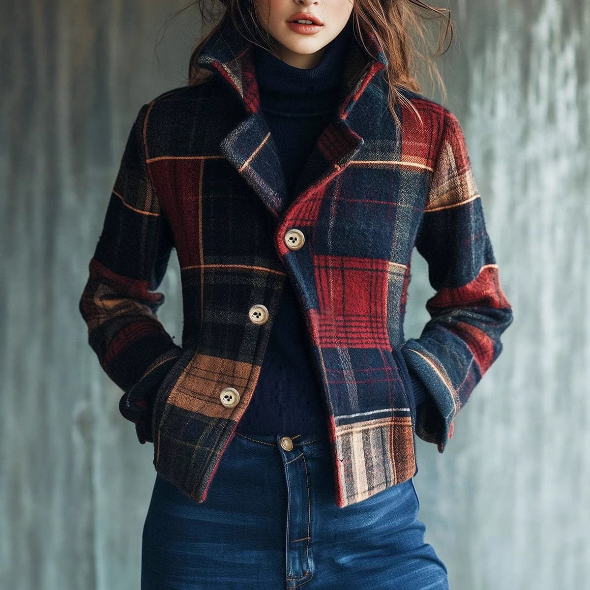 2025 European/American Women's Clothing Independent Site Plaid Retro Warm Coat Autumn/Winter Stand Collar Patch Button Blazer