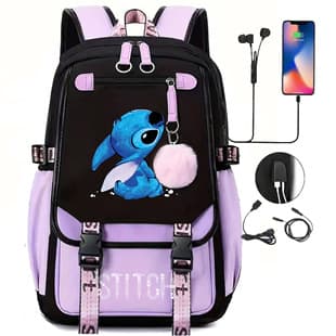 Stitch USB Charging Backpack for Boys and Girls, Student Backpack with Air Cushion Straps