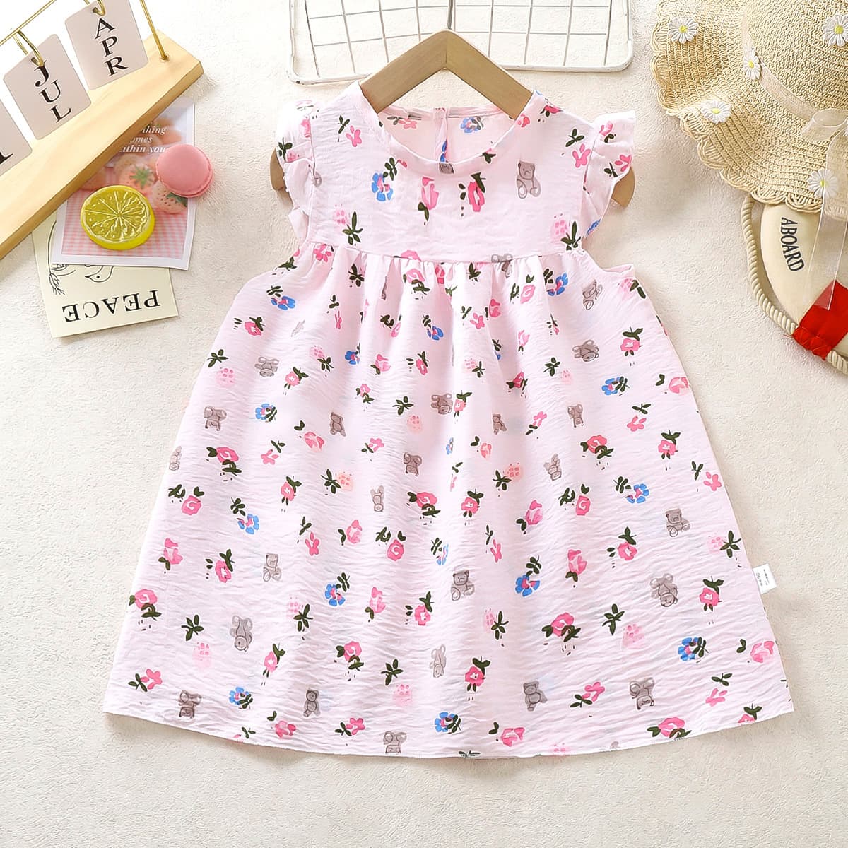 Girls' Summer Dress with National Style Flower Print, A-Line Hem, Stylish Princess Puff Children's Dress, Floral Mid-Kids' Category A Heavy Skirt