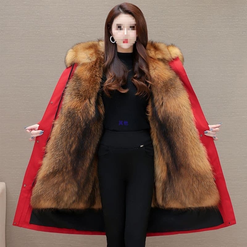 Haining Parka for Women with Detachable Faux Fox Fur Lining, Leather and Fur Blend Fleece-Lined Thickened Long Fur Coat