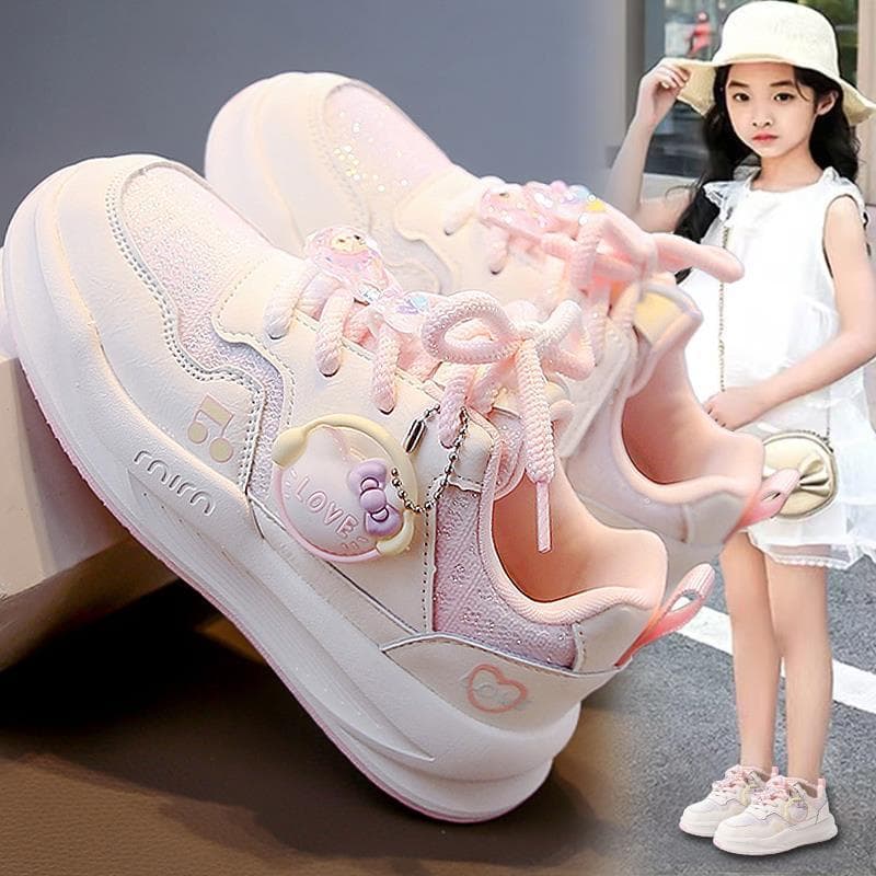 Girls' Summer 2025 New Style Kids' Sneakers, Leather Upper, Fashion White Sports Shoes for Girls, Trendy for Older Kids, with Flashing Lights