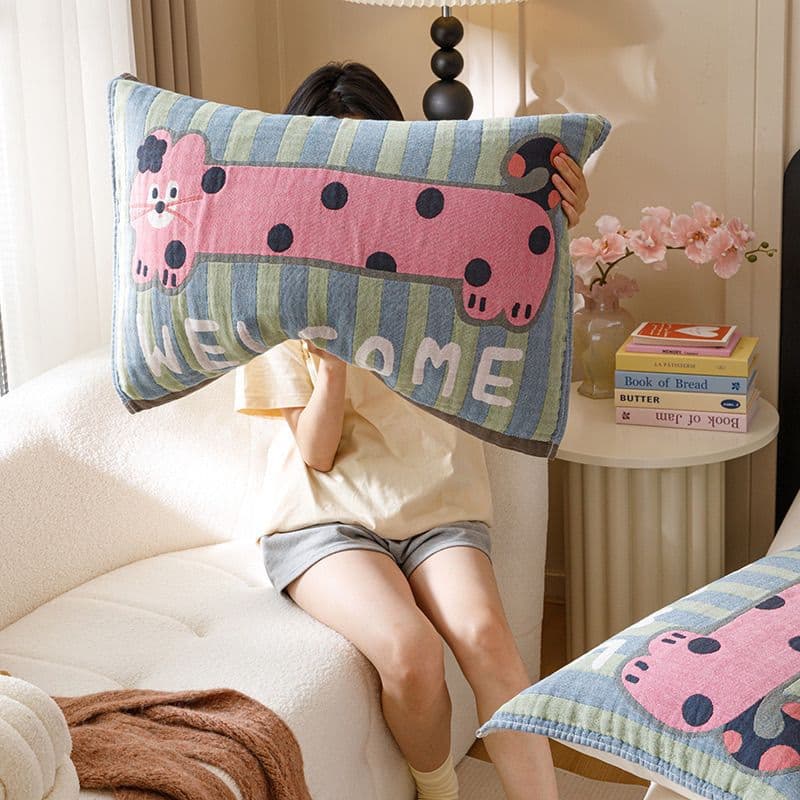 Cotton four-layer gauze pillow cover, cute cartoon yarn-dyed jacquard cotton pillow cover, pillow anti-head oil pillow cover set, one pair