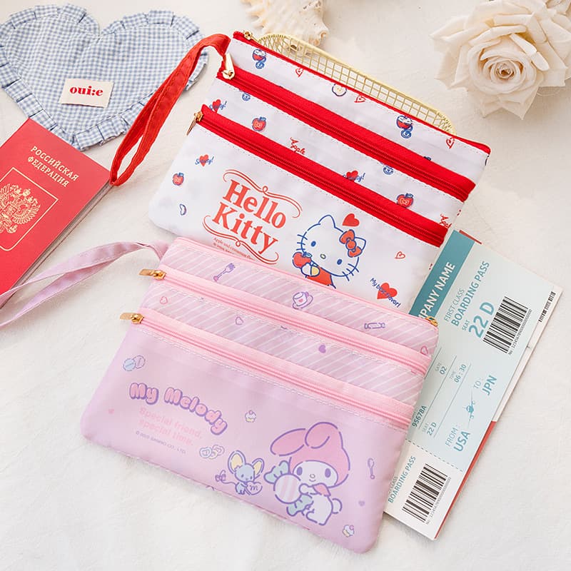 Sanrio Licensed Document Passport Holder Kitty Cat Passport Organizer Three-Layer Compartment Cute Coin Purse Ticket Pouch