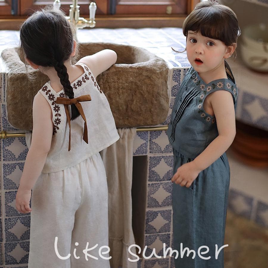 Girls summer retro embroidered vest anti-mosquito pants linen suit children's style top loose pants two-piece set