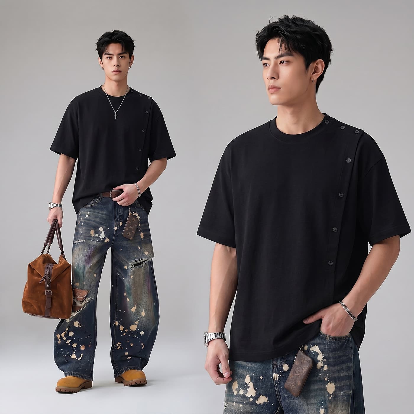 Trendy Side Button Short Sleeve Men Summer Button Design Loose Brushed T-Shirt Plus Size Men's Clothing