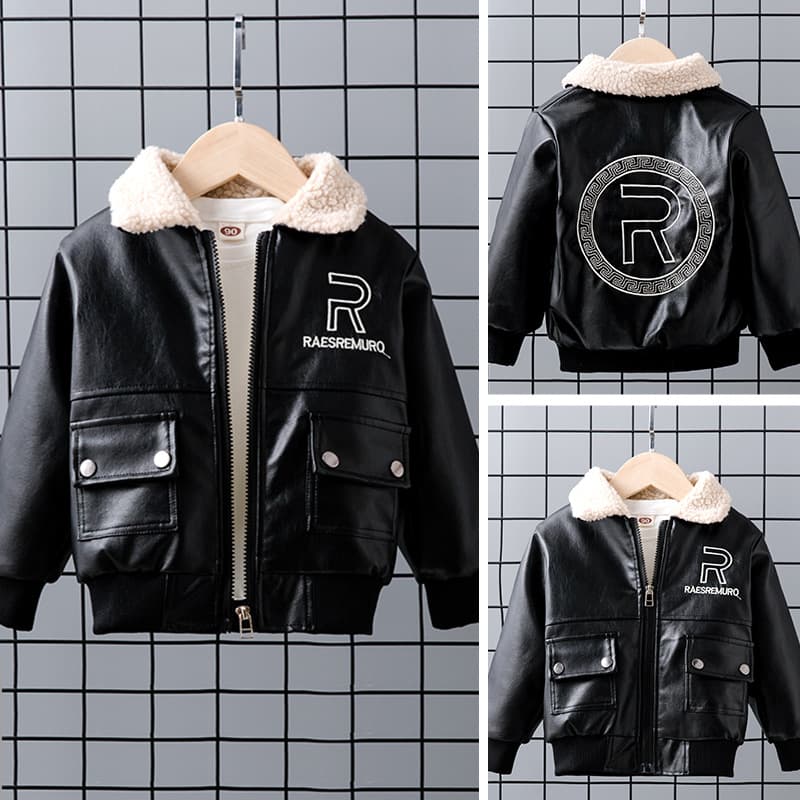 Boys' Fleece-Lined Thickened Leather Jacket Children's Medium to Large Size Autumn/Winter PU Leather Motorcycle Stylish Outerwear Kids' Clothing