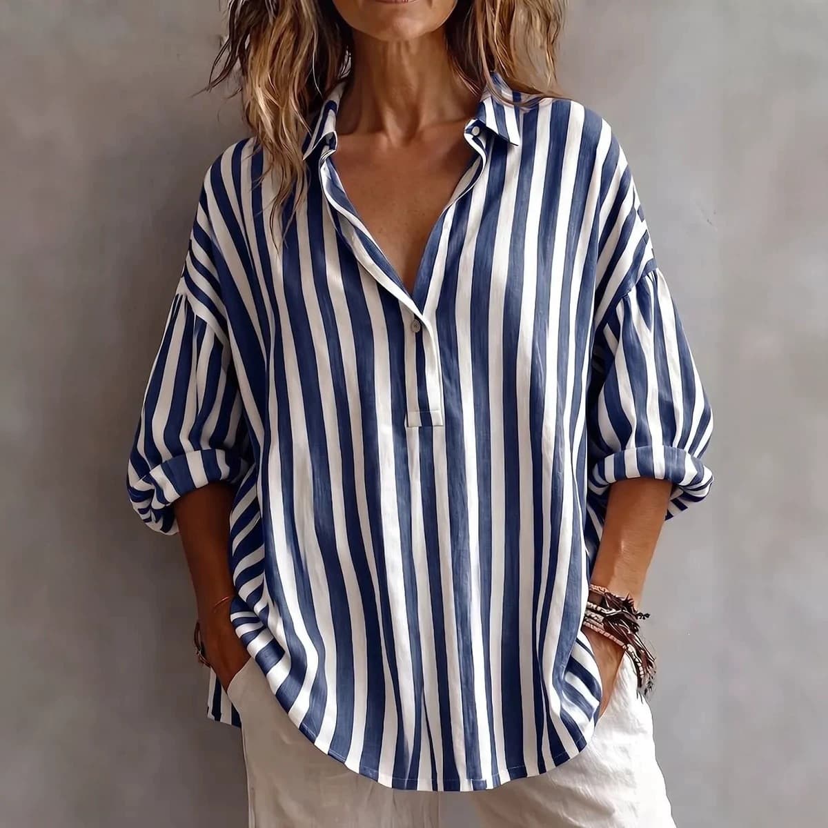 TEMU Amazon Europe and America Cross-border 2026 Summer New Casual Loose Long Sleeve V-Neck Striped Linen Women's Blouse