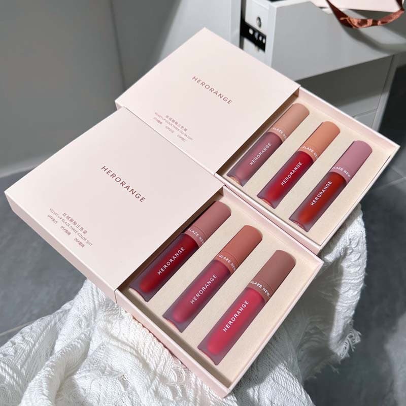 HERORANGE~Three-Pack Lip Glaze Gift Box, Matte Velvet Whitening Lip Gloss, Long-Lasting Value Lipstick Set