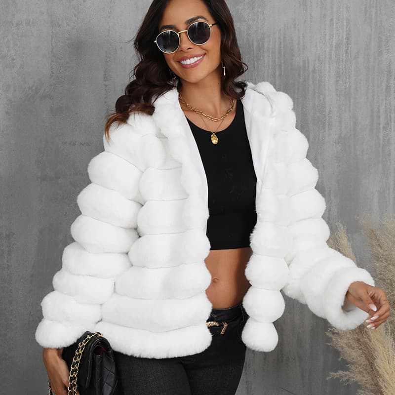 2024 Autumn/Winter New Export Ribbed Hooded Faux Fur Short Jacket Women's Plush Warm Coat