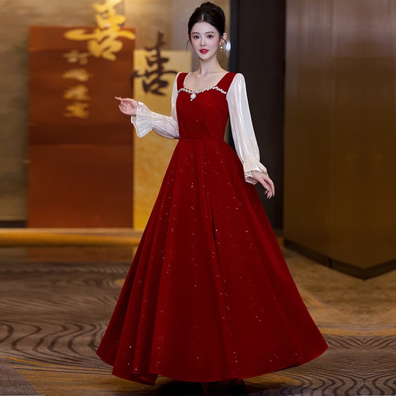 Red Velvet Wedding Dress Summer Burgundy Bride Maternity Plus Size Banquet Dress Slimming