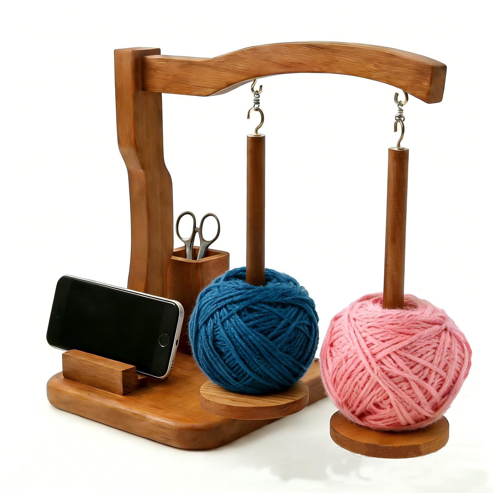 Home Multifunctional Wooden Yarn Spool Holder with Phone Stand, Yarn and Crochet Hook Storage Rack