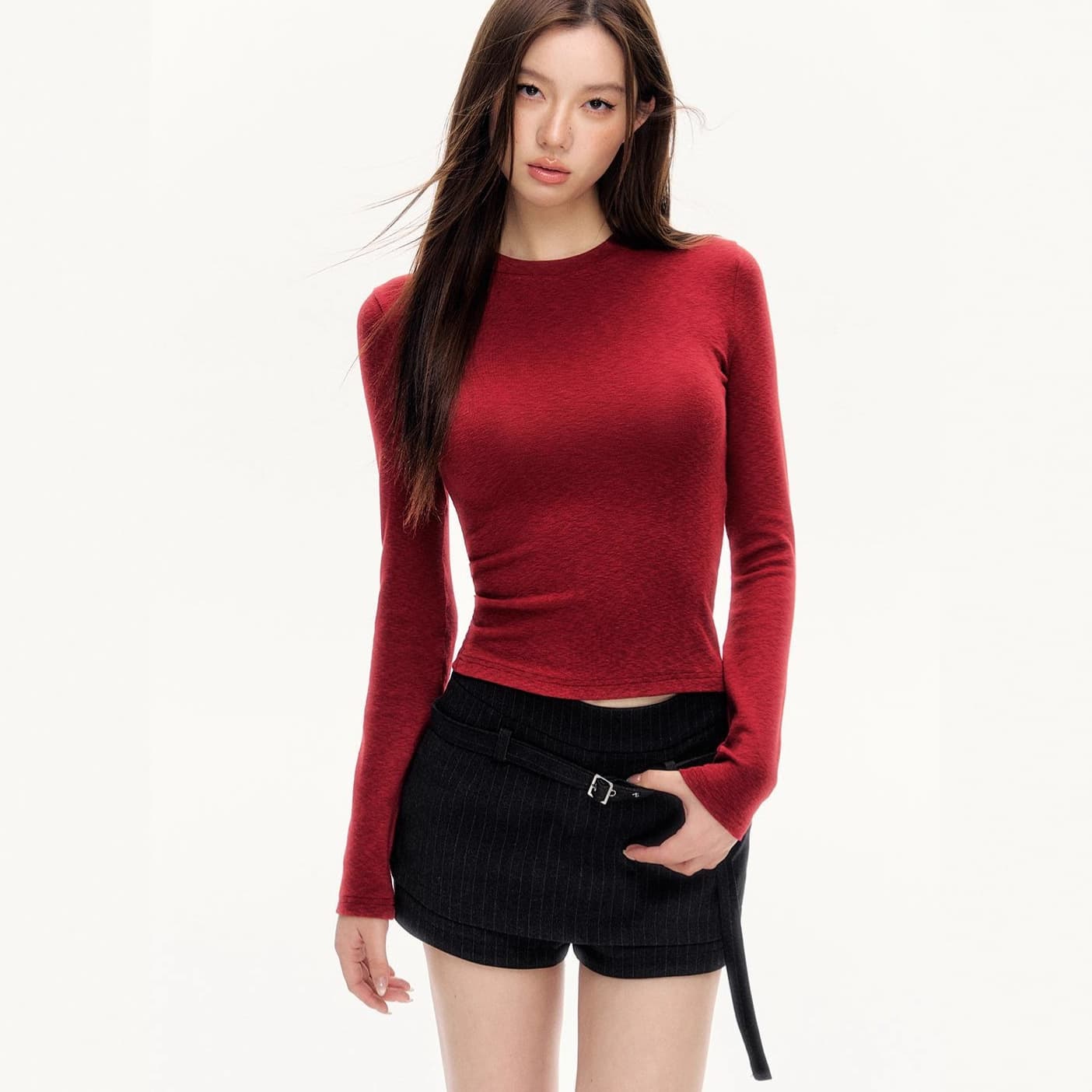 Red Regular Shoulder Long Sleeve T-Shirt for Women, Spring/Fall Inner Layering Base Tee, Solid Slim Fit Top, Streetwear Outwear