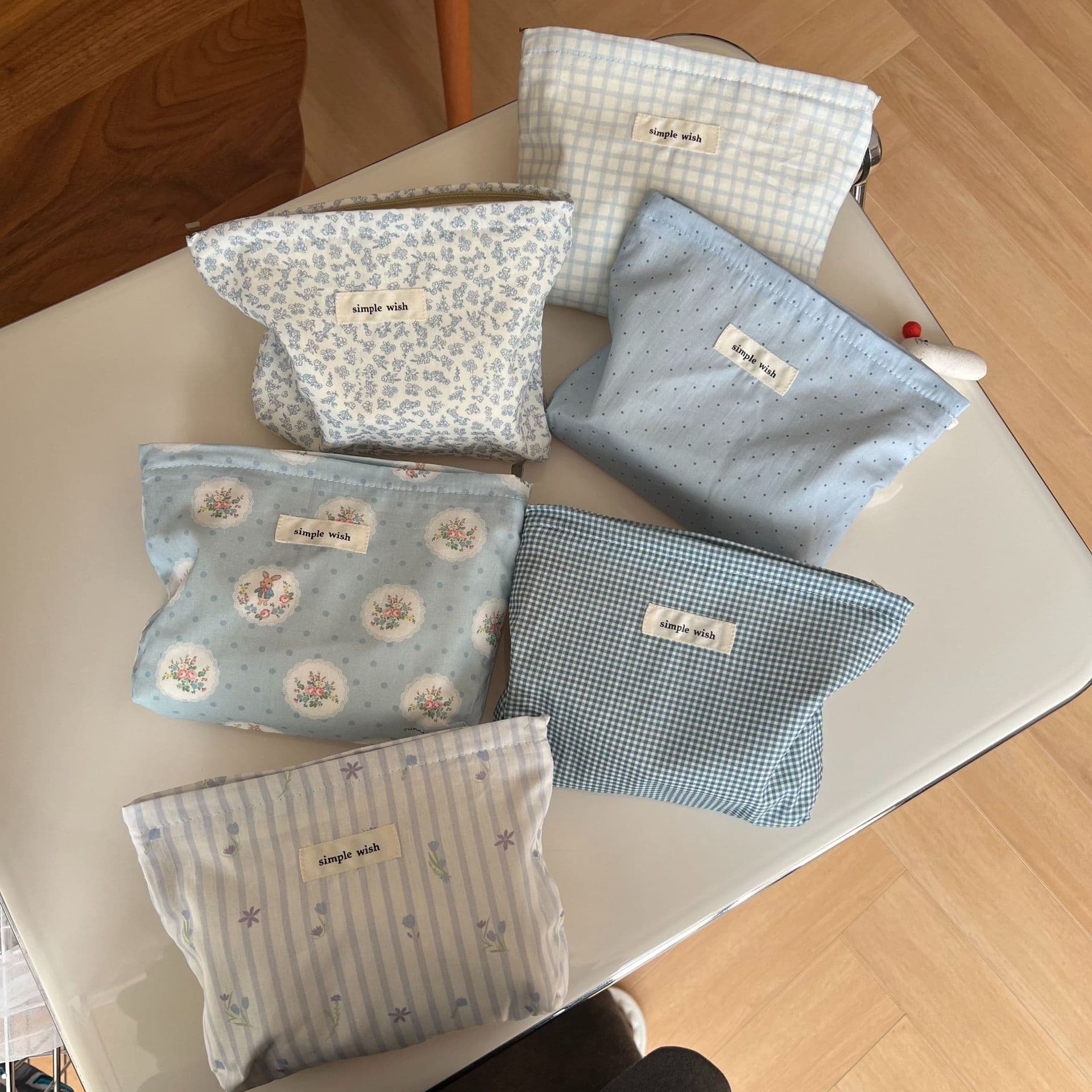 【Su Xi Fabric Bag】Ocean Blue Fresh Artistic Plaid Polka Dot Print Cotton Makeup Bag Small Cosmetic Bag Storage