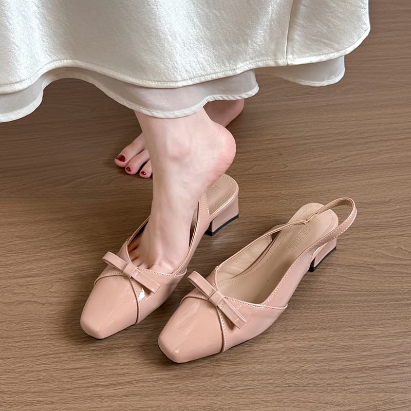 Elegant and Gentle Bow Back Strap Sandals for Women, French Square Toe, Chic Pink Chunky High Heel Shoes
