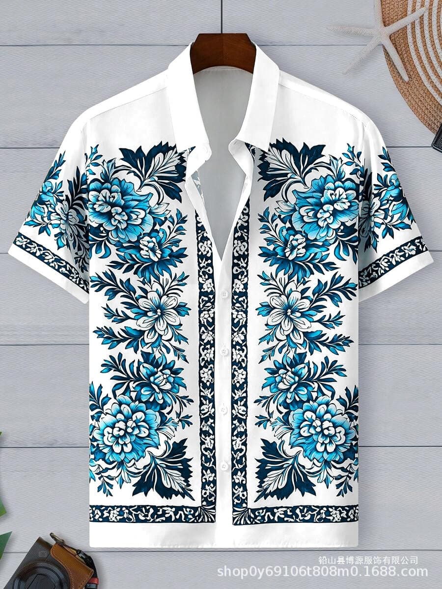 Summer Men's Fashion Short Sleeve Shirt New Hawaiian Print Shirt Drop Shipping Cross-border Amazon Hot Sale