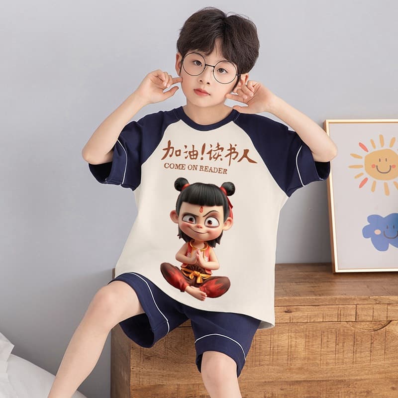 Children's Pajamas Boys Summer Thin Cotton Short-Sleeved Boys Baby Cartoon Summer Style Big Children and Teenagers Home Clothes