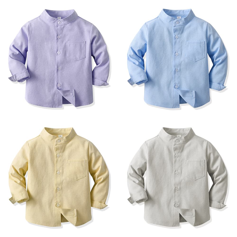 Spring Korean Style Boys' Shirt Solid Color Stand Collar Long Sleeve Single-Breasted Versatile Cotton Cardigan Cross-Border Children's Clothing Shirt