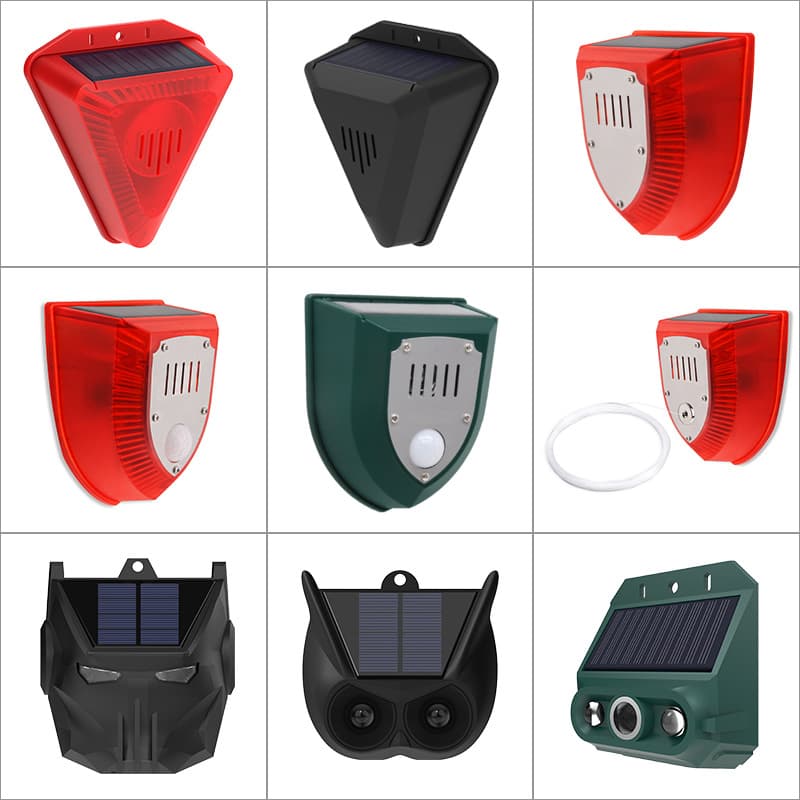 Solar-powered bird repeller with daytime timer and sound-light alarm for orchards, fish ponds, and paddy fields to deter birds and pigeons