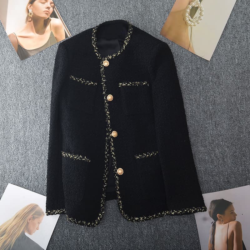 New plus-size gold-threaded Chanel-style coat for women, spring style, mid-length round neck, slimming tweed top for plus-size women up to 200 lbs.
