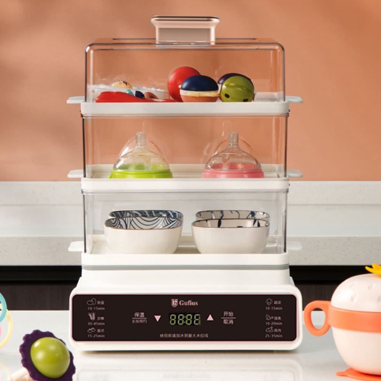 Gufice Electric Steamer with Generous Capacity, Superior for Home Use, Multi-functional Visual Three-Tier Electric Steamer Gift Model GFZG-8002