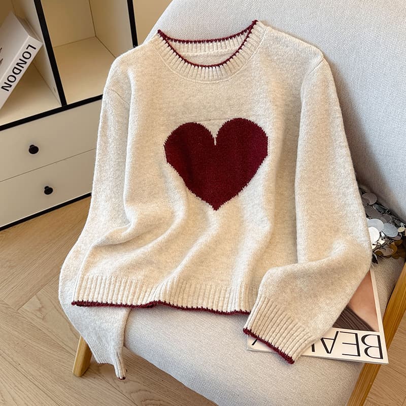 In Stock Autumn/Winter New Korean Style Heart Print Crew Neck Pullover Colorful Yarn Contrast Color Knit Sweater for Women