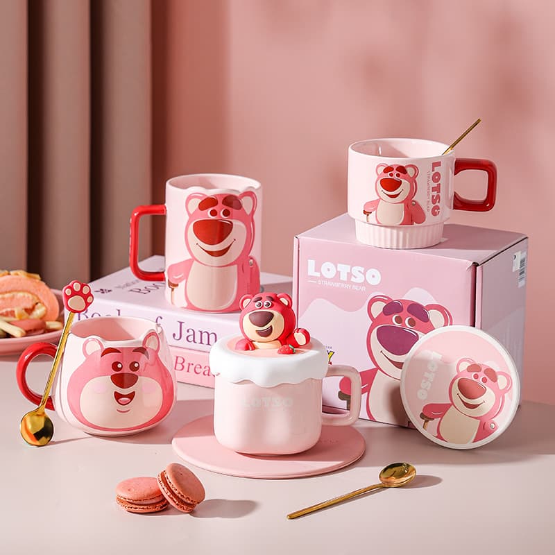 Ceramic Strawberry Bear Coffee Mug Gift Box Set Daily Water Cup with Coaster Set Companion Gift Mug