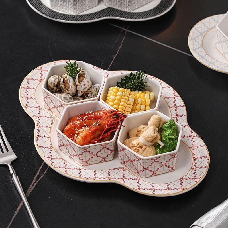 One piece drop shipping new Chinese style ceramic platter multi-functional four-grid plate seafood braised platter snack nut separated plate