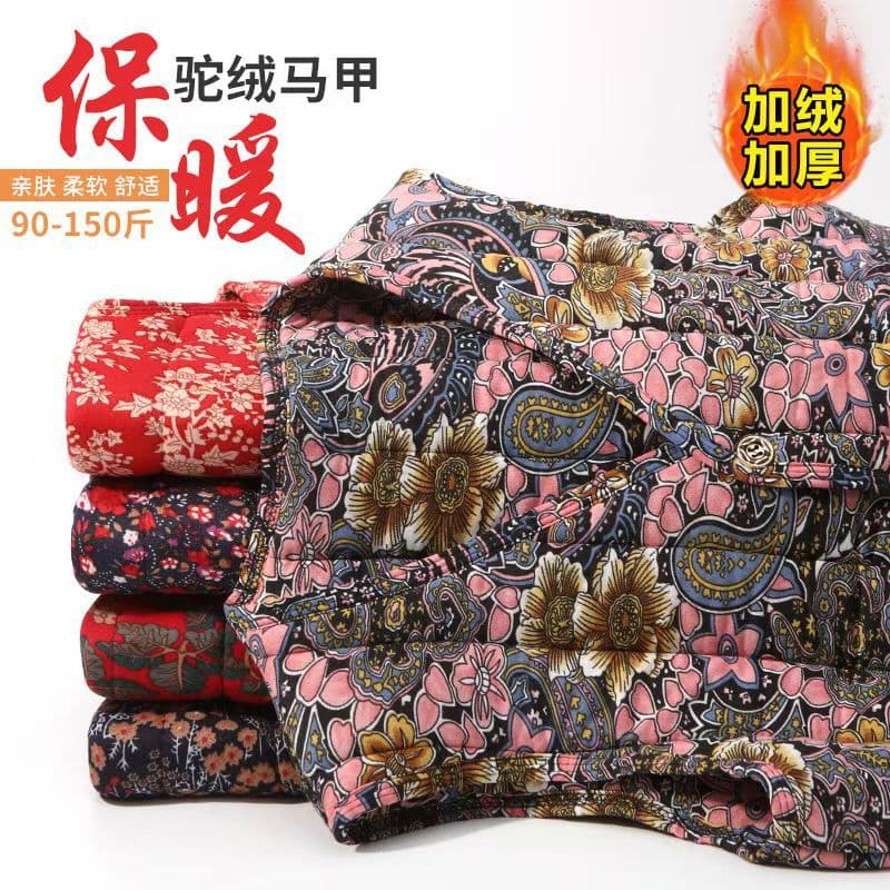 Silk cotton vest cross-border new middle-aged and elderly fleece lined winter warm floral vest mother's wear women short waistcoat