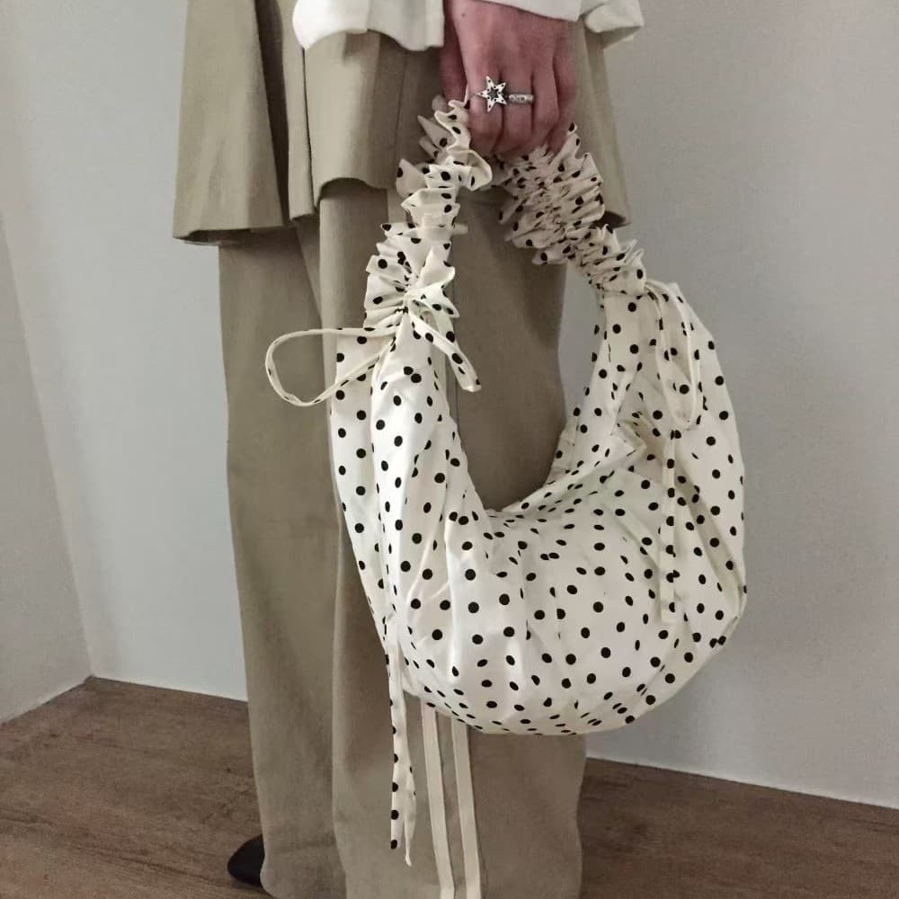 2025 Korean-Style Black and White Polka Dot Pleated Lace Drawstring Crossbody Bag Nylon Versatile Commuter Dumpling Bag Women's Trendy Bag