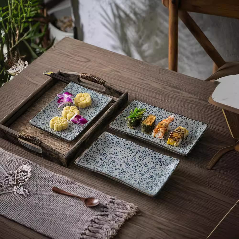 Lucky flower rectangular flat plate sushi barbecue plate ceramic underglaze color antique tableware special cold dish dish cold dish dish