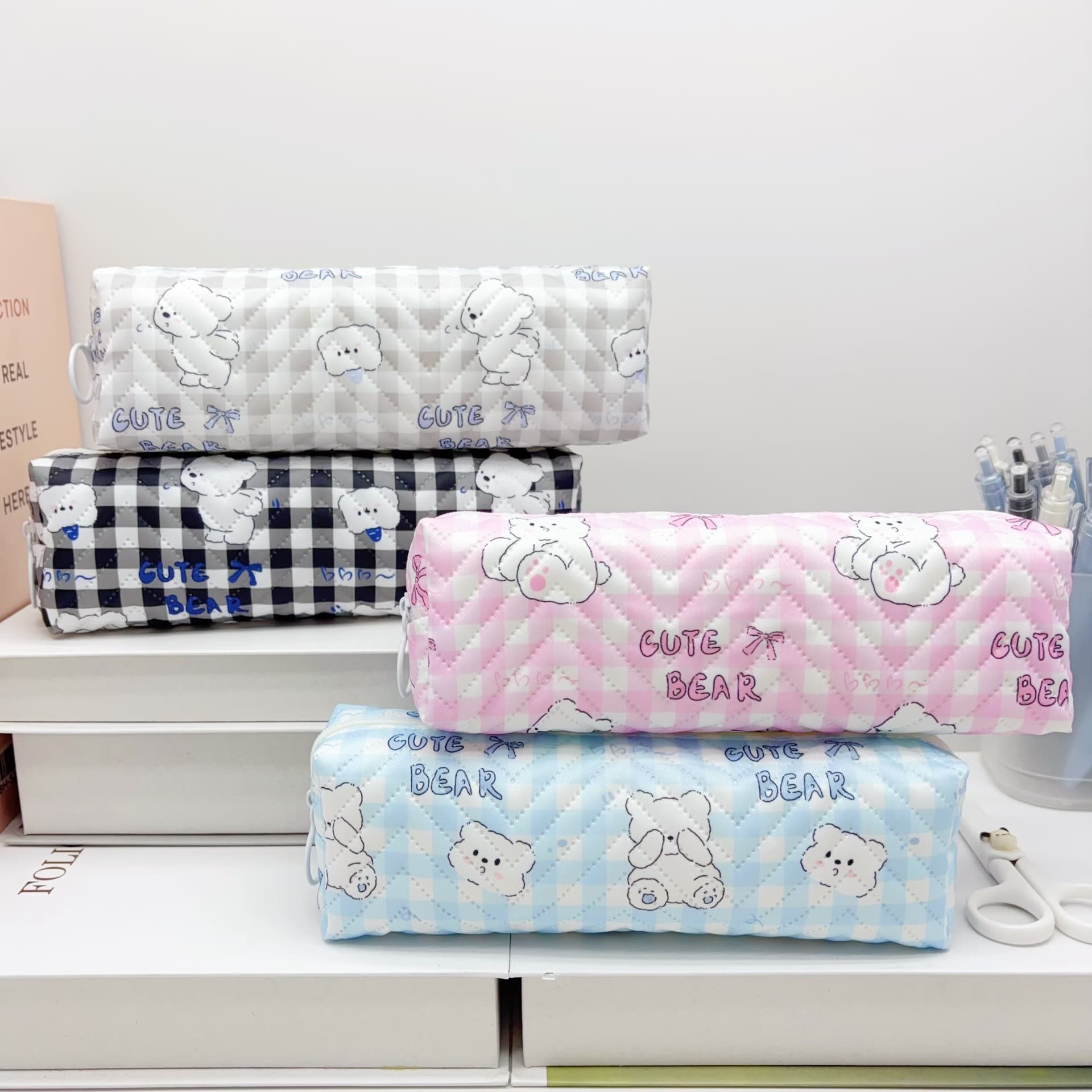 New Plaid Cartoon Bear Pencil Case, Cute Milky High-Appearance Stationery Box, Large Capacity, Niche Design, Unique Pencil Case