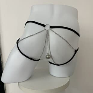 New Men's Sexy Lingerie Chain Thong Breathable Mesh Transparent G-String with Bell