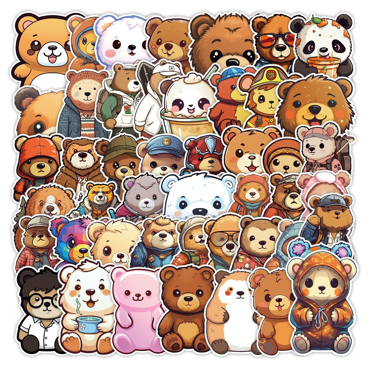 50 Cartoon Bear Graffiti Stickers for Refrigerator, Phone, Water Cup Decoration, Waterproof Creative Notebook Stickers