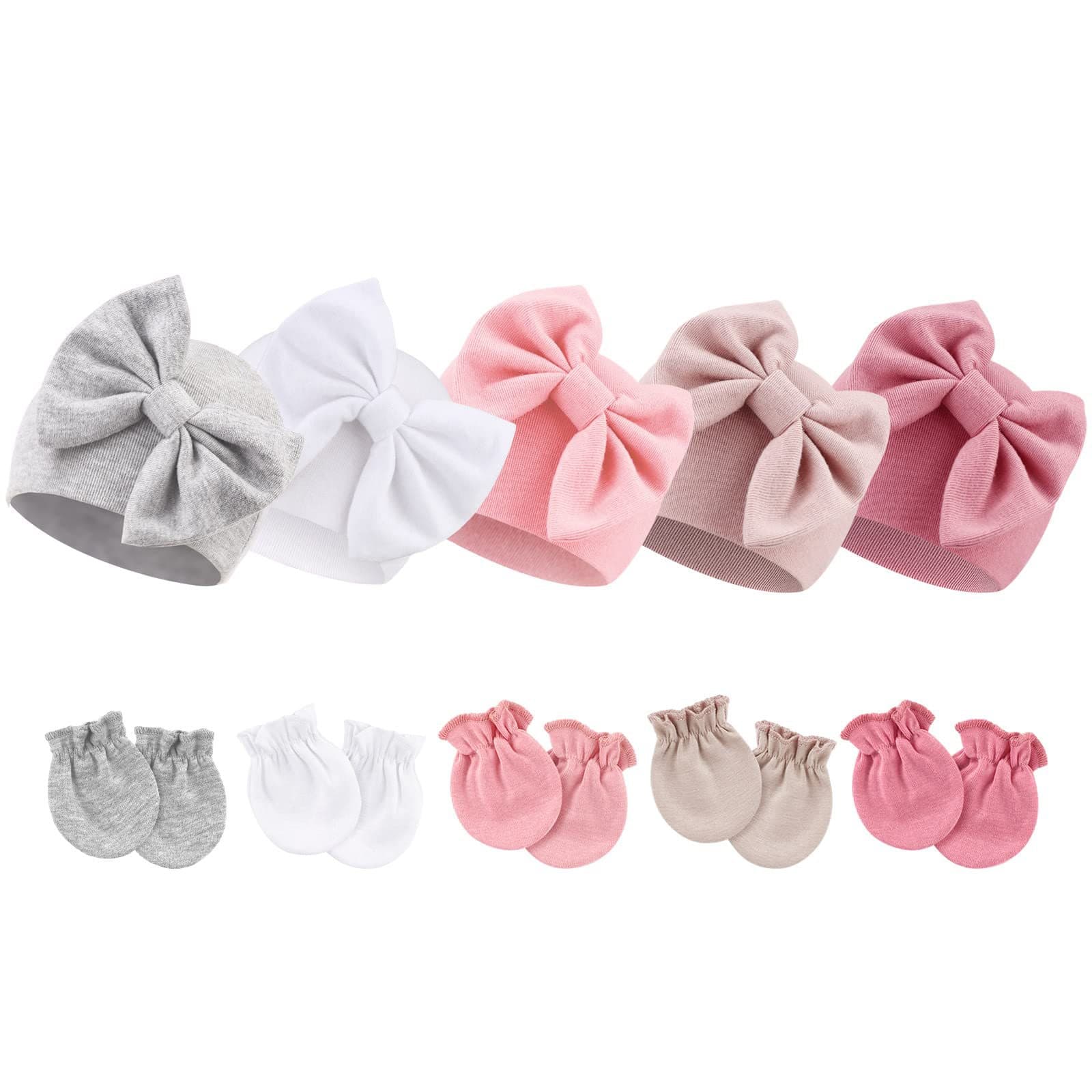 Newborn Baby Hat and Mittens Set Hospital Cap Bow Hat Baby Gloves 0-6 Months