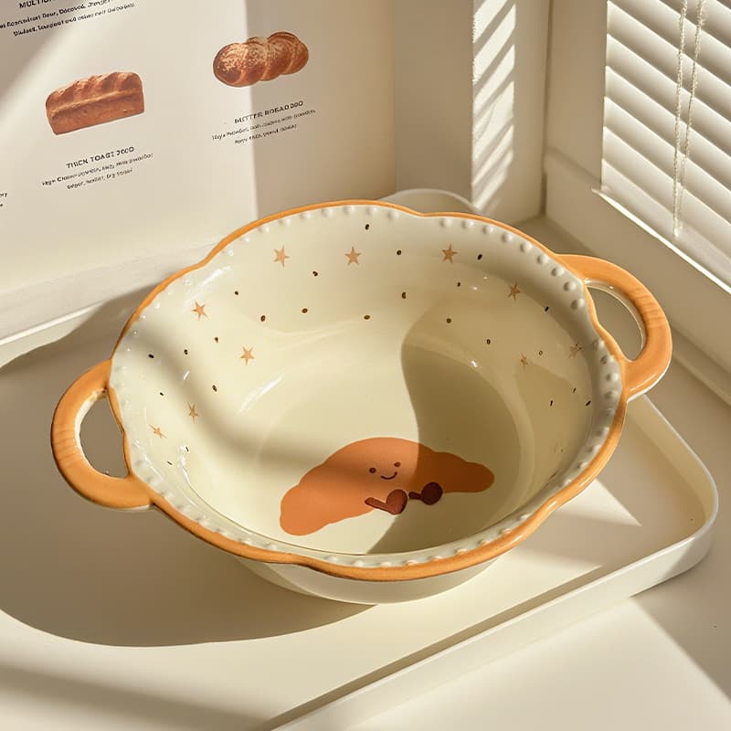 Cream style croissant double-eared soup bowl for home use 2025 new instant noodle bowl high-looking noodle soup bowl snail noodle bowl tableware