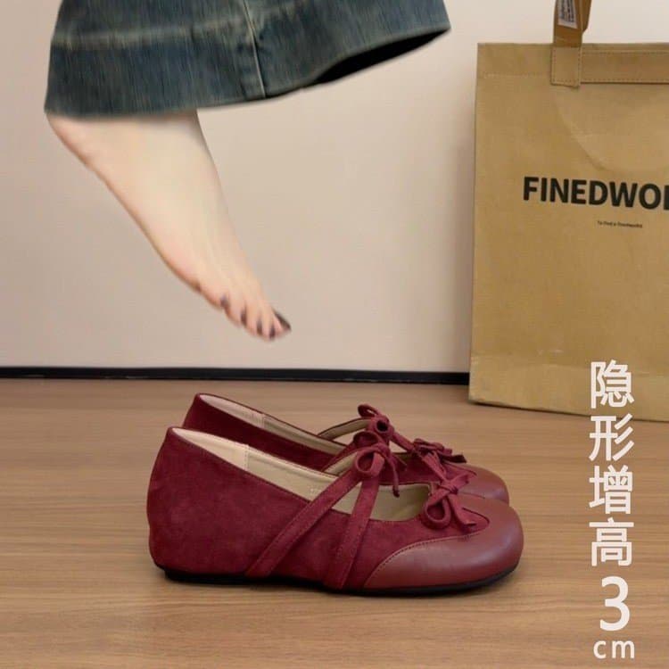 Elegant Velvet Bowknot Hidden Heel 3cm Red Shoes for Women, 2026 Spring Versatile Commuter Flats