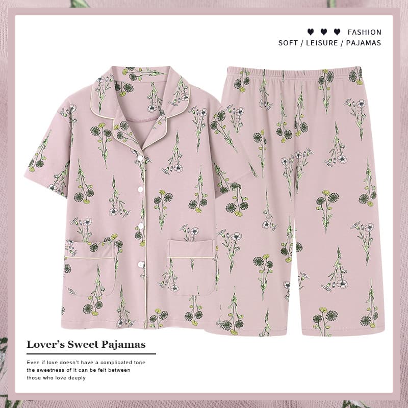 Plus Size Pajamas for Women Summer Cotton Thin Short Sleeve Full Cotton Seven-Point Pants Set for Middle-aged and Elderly Mothers