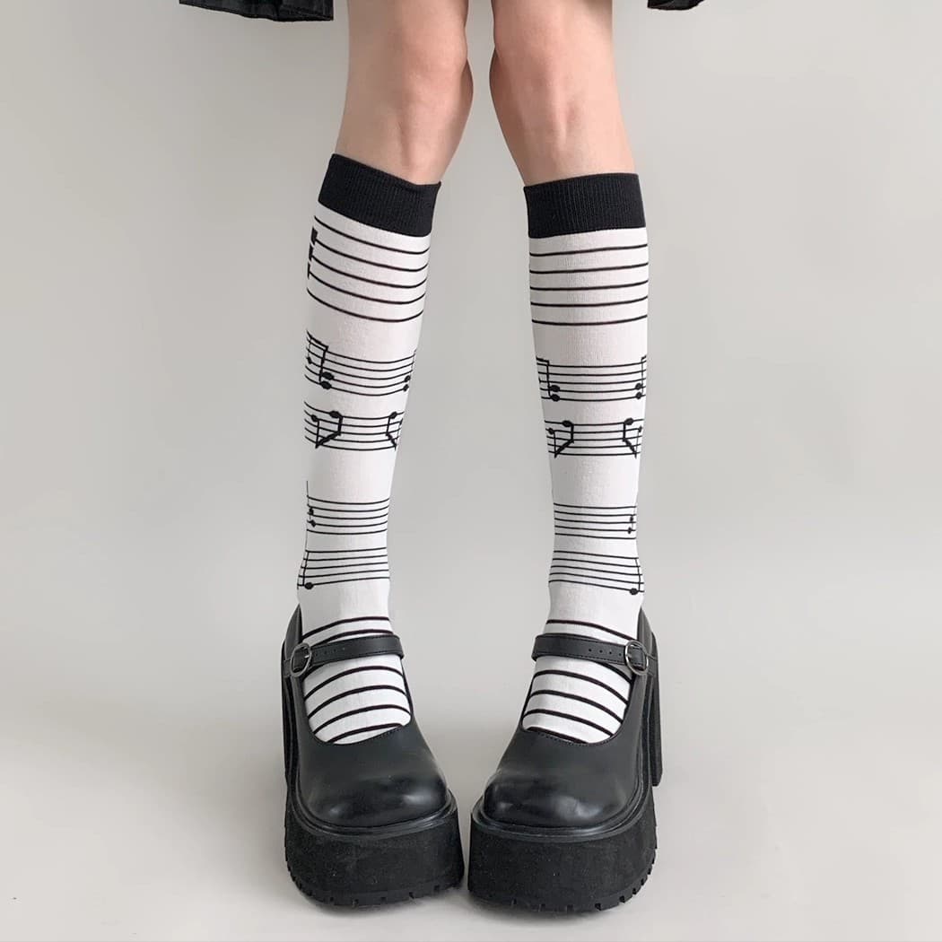 Autumn/Winter Color-Block Note Y2K Retro Calf Socks Lolita Girl Personality Niche Staff Mid-Calf Socks for Women