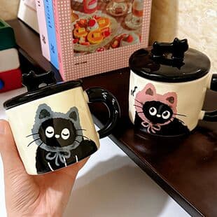 Cute Cat Mug with Lid, Gift for Women, Office Coffee Cup, High-Quality Ceramic Mug