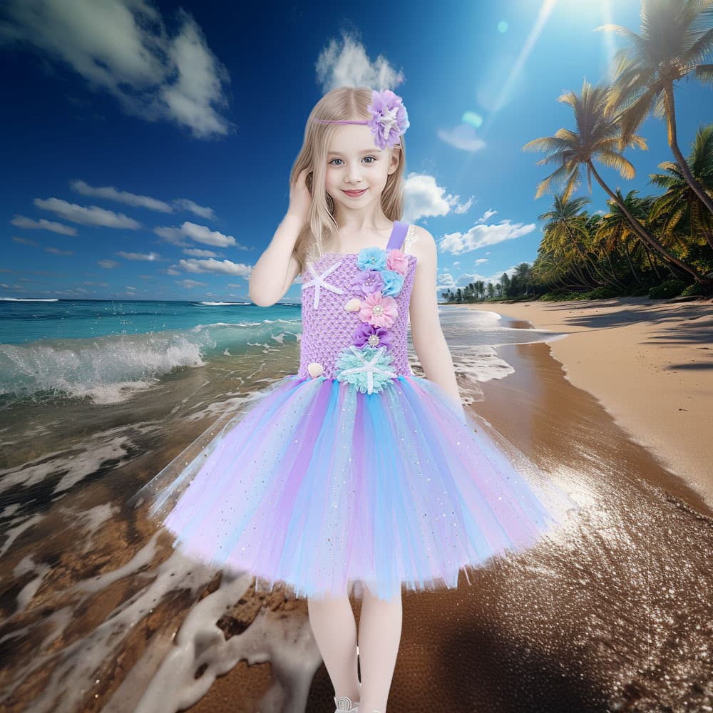 Children's Flower Starfish Mermaid Tutu Skirt Mesh Tulle Puffy Skirt Girl Mermaid Princess Dress Performance Costume